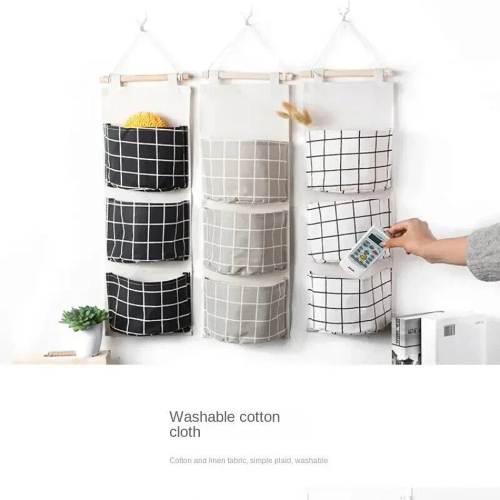 Fabric Three Pocket Wall Mounted Storage Hanging Gray White Square Portable